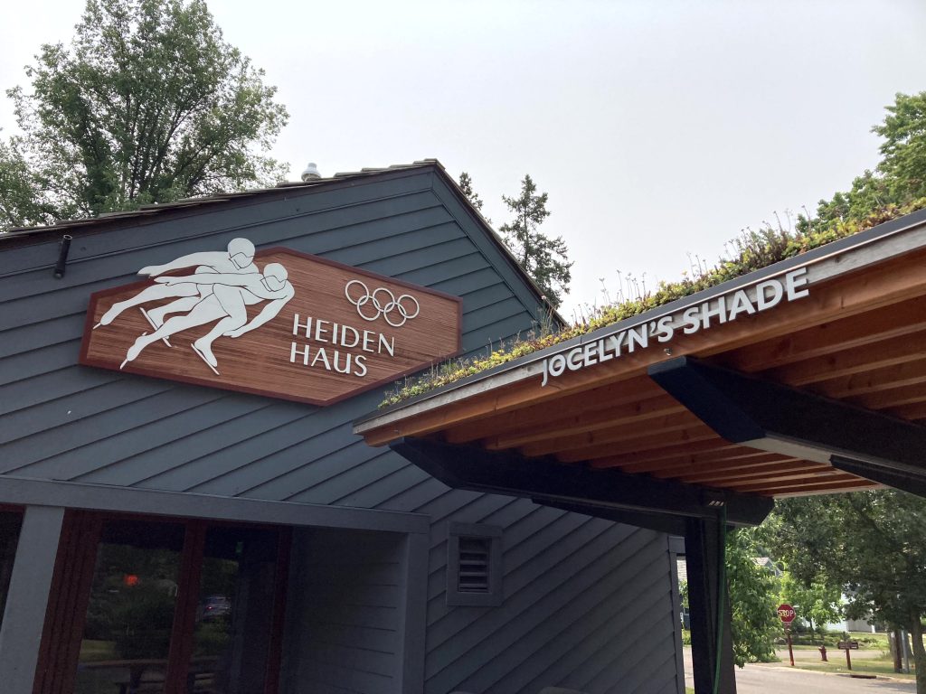 Green roof provides shaded picnic area at Heiden Haus in Shorewood Hills, Wisconsin.