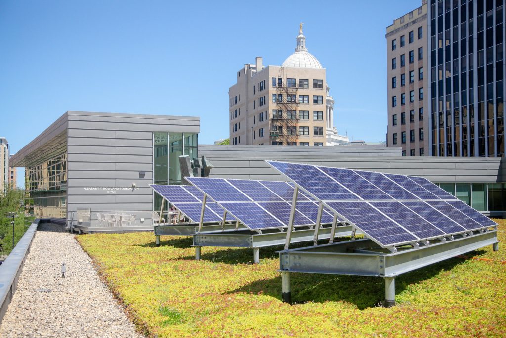 Green roof with solar panels at Central Library in Madison, Wisconsin.